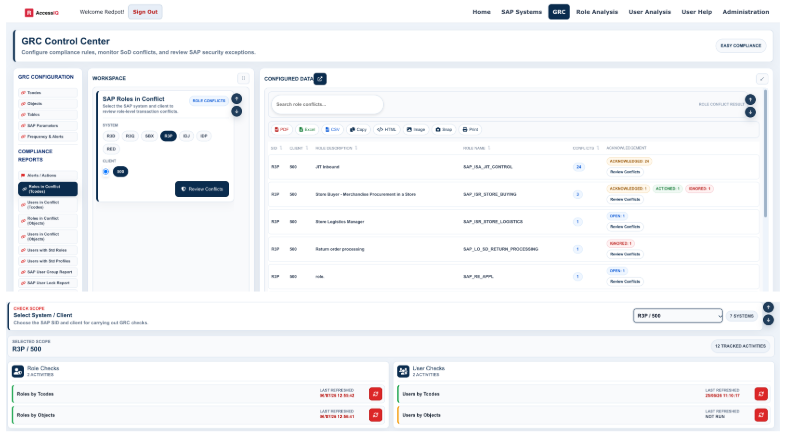 GRC Control Center screen in REDPOT WS for SAP