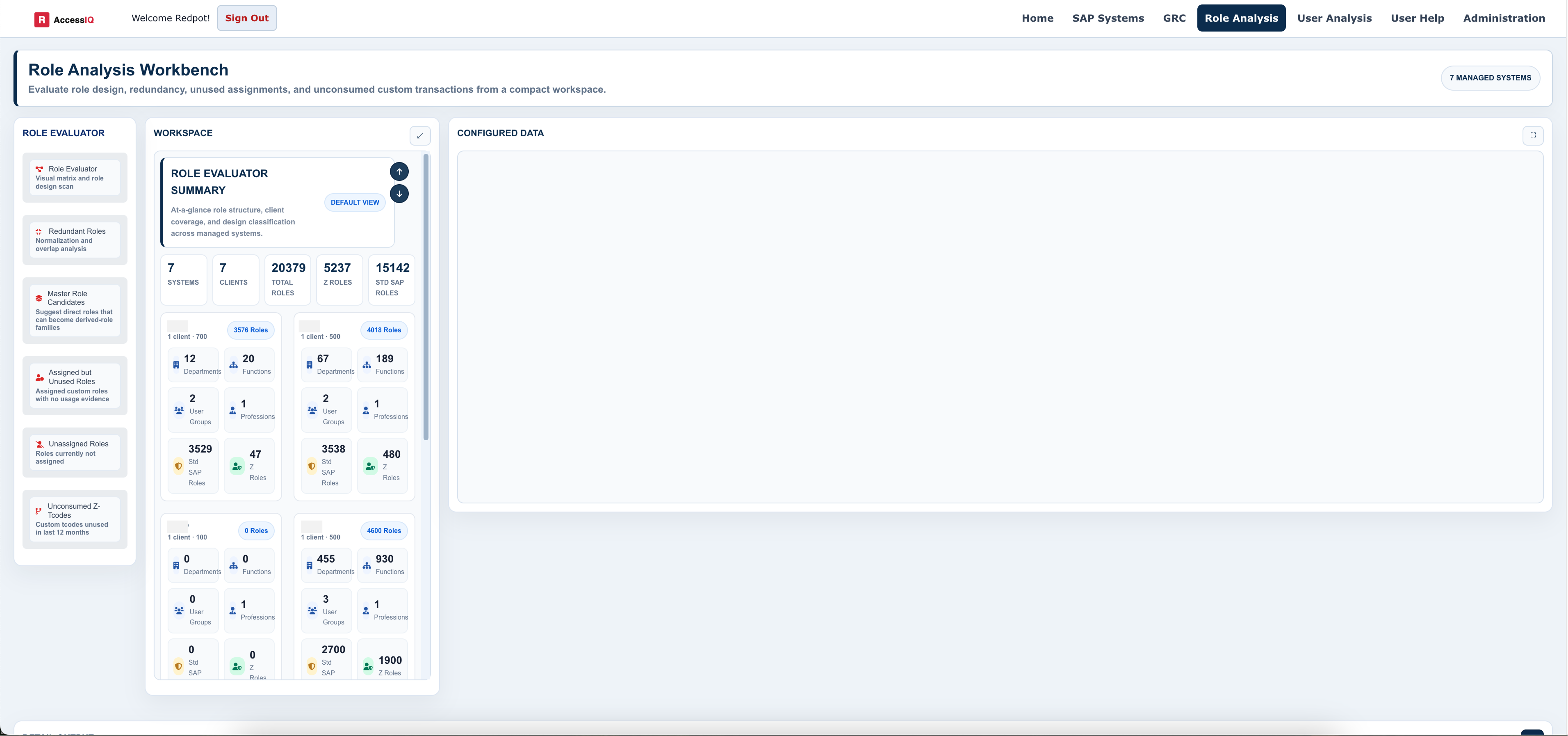 Roles Optimization screen in REDPOT WS for SAP